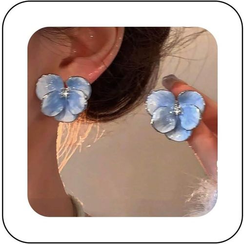 Kal-Boucles D'oreilles Fleur Bleue En mail Boucles D'oreilles Clou Fleur Bleue Boucles D'oreilles Ptales En Acrylique Boucles D'oreilles Fleurs En Strass Boucles D'oreilles Grandes Ptales Boucle