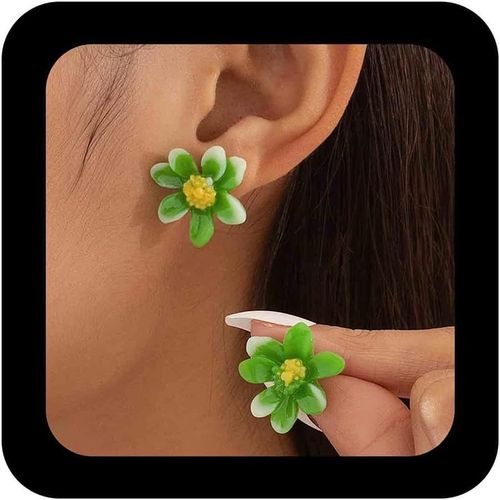 Kal-Boucles D'oreilles Fleurs En Acrylique Boho Boucles D'oreilles Fleurs Sculptes En 3d Boucles D'oreilles Fleurs En Rsine Vertes Boucles D'oreilles Fleurs Pour Les Vacances D't