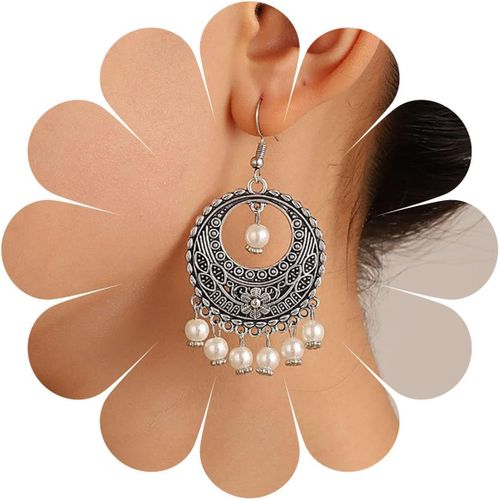 Kal-Boucles D'oreilles Gitanes Vintage Perle Dangle Boucles D'oreilles Boho Gitane Boucles Oreilles Ethniques Boucles Oreilles Perle Tassel Crochet Bijoux Les Femmes Et Les Filles Cadeaux(Argent)