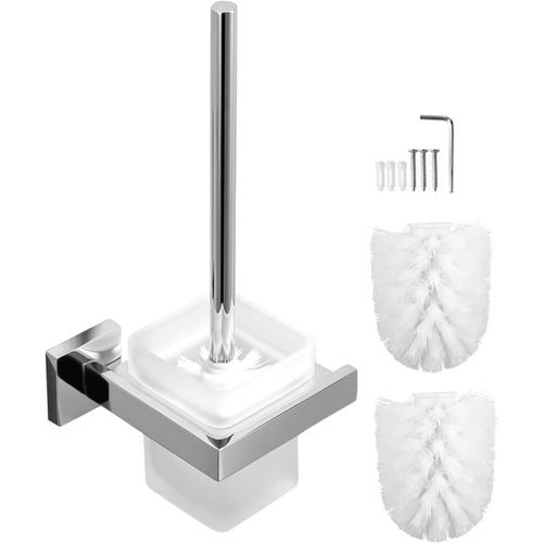 Kal-Brosse De Toilette Avec Brosse De Rechange, Brosse Wc En Verre Mat Et Satin, Kit De Fixation Murale Et Debout, Accessoires De Salle De Bain, Amovible Support En Acier Inoxydable Chrome Miroir
