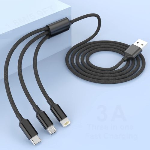 Kal-Cble Iphone Chargeur Multifonction,Cble De Charge Multi Usb Tress En Nylon 1.8m Trois En Un,Avec Connecteur De Type Lightning/Micro/Usbc,Compatible Avec Divers Tlphones Intelligents Et Table