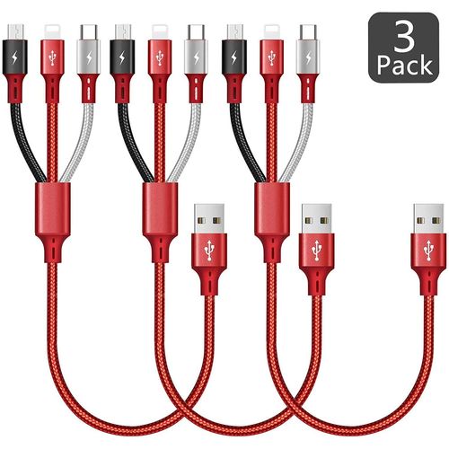 KAL-Cble Multi USB [35CM], 3 en 1 Cable Multi Chargeur, Cable Mini USB Multi Embout en Nylon avec iP/Type C/Micro USB pour iPhone16 15 14 13 12/Galaxy/Pixel/LG/Tablettes-Rouge (3)