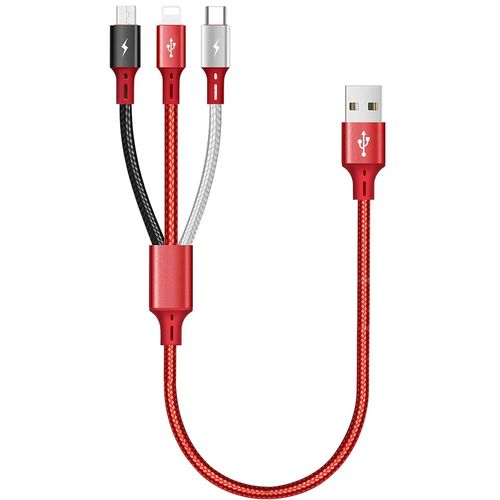 KAL-Cble Multi USB [35CM], 3 en 1 Cable Multi Chargeur, Cable Mini USB Multi Embout en Nylon avec iP/Type C/Micro USB pour iPhone16 15 14 13 12/Galaxy/Pixel/LG/Tablettes-Rouge