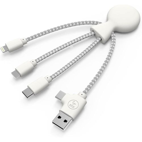 Kal-- Cble Multi Usb 4 En 1 En Forme De Pieuvre - Chargeur Universel En Plastique Recycl - Prise Usb, Usb-C, Lightning, Micro Usb - Compatible Avec Tous Les Smartphone - Mr Bio Blanc