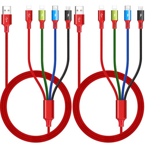 Kal-Cble Multi Usb Charge Rapide [1,8m,Lot De 2] 4 En 1 Cble Multi Chargeur Nylon, Cble Multi Embout Avec Lightning/Usb Micro/Type C Pour Iphone16/15/14/13/12/11/Xs/X,Ipad Pro/Air,Galaxy,Pixel