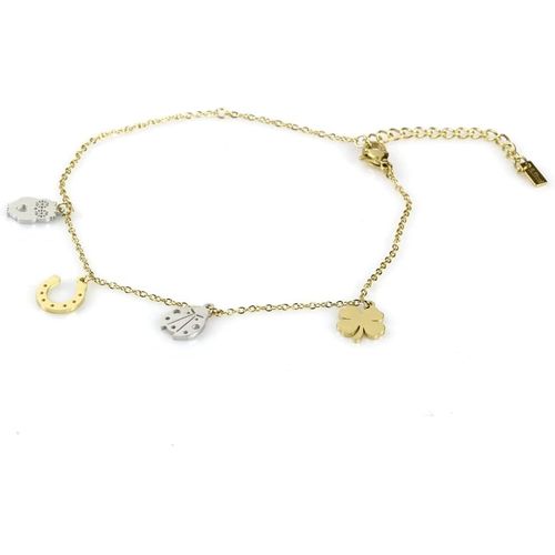 Kal-Chane De Cheville Pour Femme En Acier Inoxydable Avec 4 Breloques Porte-Bonheur Hibou, Fer De Cheval, Coccinelle Et Trfle  Quatre Feuilles. Disponible En 2 Couleurs. Taille Rglable