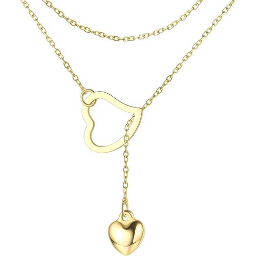 Kal-Collier Y Long Pour Femmes, Collier Y En Acier Inoxydable Avec Dlicat C?ur Dor, Collier Pendentif  Double Chane Rglable En Or/Argent/Noir - Collier Avec Pendentif Tombant  LAvant.