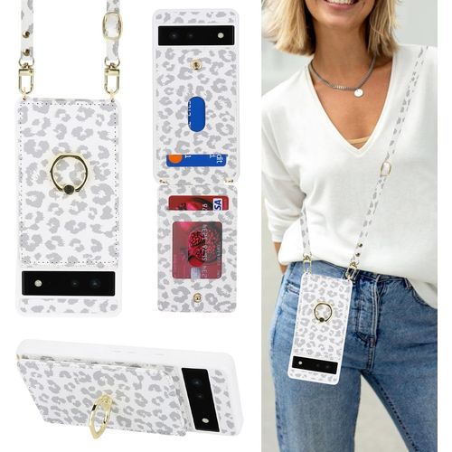 Kal-Coque Google Pixel 6 Avec Cordon Rfid Porte Carte Portefeuille tui Google Pixel 6 Avec Cordon Anneau Telephone Portable Rglable Collier Housse Etui Pour Femmes - Imprim Lopard Blanc