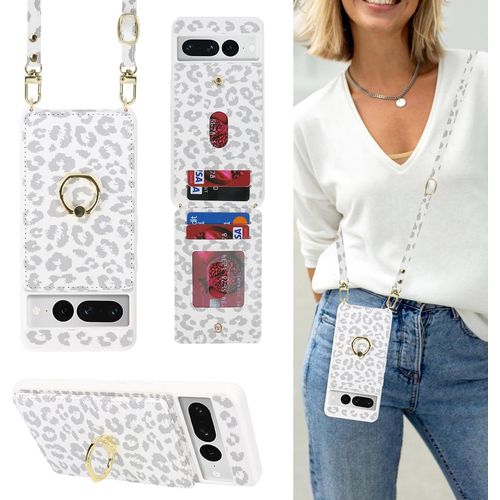 Kal-Coque Google Pixel 7 Pro Avec Cordon Porte Carte Portefeuille tui Google Pixel 7 Pro Avec Cordon Anneau Telephone Portable Rglable Collier Housse Etui Pour Femmes - Imprim Lopard Blanc