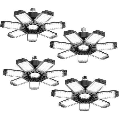 Kal-clairage Led Garage 200w 4 Pices - 20000lm Puissant Plafonnier Led Garage Dformable  7 Panneaux Ajustables 6500k Lumire Garage E26 / E27 Plafonnier Led Pour Garages, Entrept, Cave, Atelier