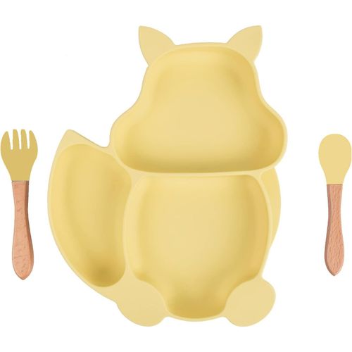 Kal-Ensemble Enfants Vaisselles Assiette  Ventouse Pour Bebe Silicone Bebe Assiette Napperon Set De Table En Silicone Vaisselle Bb Set Assiette,Pour Formation Manger (Ecureuil-Jaune)