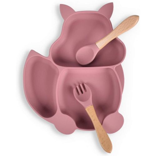 Kal-Ensemble Enfants Vaisselles Assiette  Ventouse Pour Bebe Silicone Bebe Assiette Napperon Set De Table En Silicone Vaisselle Bb Set Assiette,Pour Formation Manger (Ecureuil-Rose)