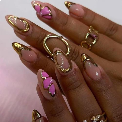 Kal-Faux Ongles 3d En Forme D'amande, Faits  La Main, Moyens, Faits  La Main, Avec Breloques Dores, Papillons, En Acrylique, Franais, En Forme D'amande