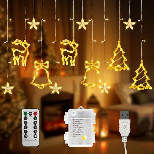 Kal-Guirlande Lumineuse Led toiles De Nol : 3,5 M, 8 Modes, Rideau Lumineux Usb/Piles, clairage De Nol Blanc Chaud Pour L'intrieur Et L'extrieur - Guirlande De Sapin De Nol Pour Fentre Et Bal