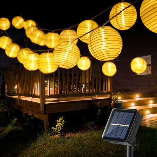 Kal-Guirlande Lumineuse Solaire Extrieure, 10m 30 Led Lanterne Guirlande Guinguette Lampion Lampe tanche 8 Modes Dcoration Pour Jardin Terrasse Cour Balcon Patio Mariage Fte, Blanc Chaud