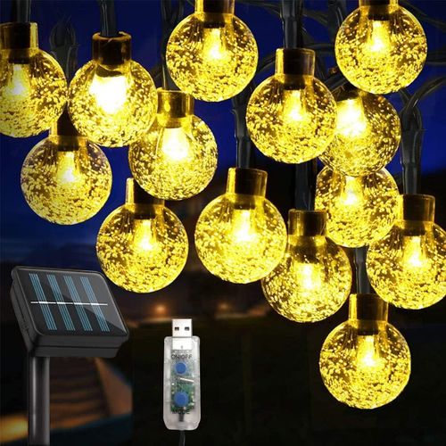 Kal-Guirlandes Lumineuses Solaires, 60 Lampes De Jardin  Globe En Cristal, tanches, Avec 8 Modes, Dcoration Parfaite Pour La Cour, La Terrasse, La Ft, Nol (Blanc Chaud)