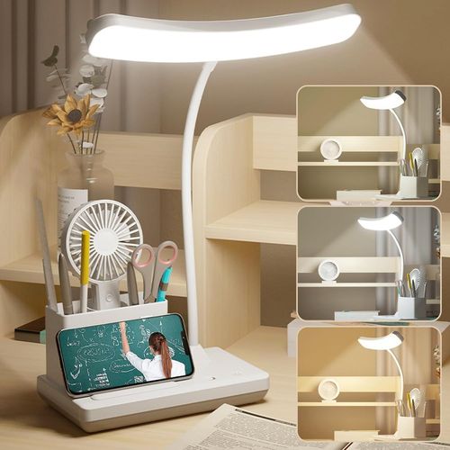 Kal-Lampe De Bureau Led : 3 Couleurs  Intensit Variable Lampe De Bureau Pour Enfants, Lampe De Lecture Usb Avec Porte-Stylo, Lampe De Chevet Col De Cygne  360 Pour Lecteur, Travail, tude