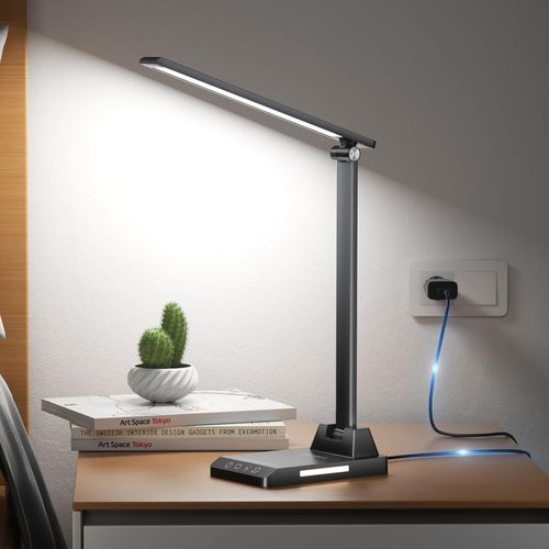 Kal-Lampe De Bureau Led, 5 Modes De Couleur 10 Niveaux De Luminosit, Lampes Bureau De Protection Des Yeux, Contrle Tactile, Alimentation Usb-C, Lampe De Chevet Avec Fonction Minuterie - Blanc