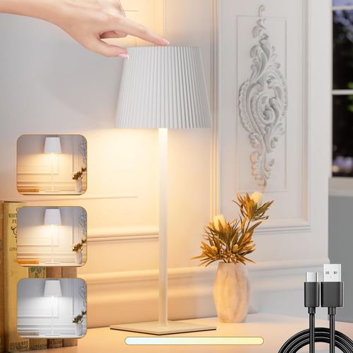 Kal-Lampe De Table Sans Fil  Intensit Variable Tactile Batterie 3 Tempratures De Couleur Ip54 4000mah Convient Pour L'intrieur Et L'extrieur Rechargeable Usb-C Matriau Mtallique Blanc