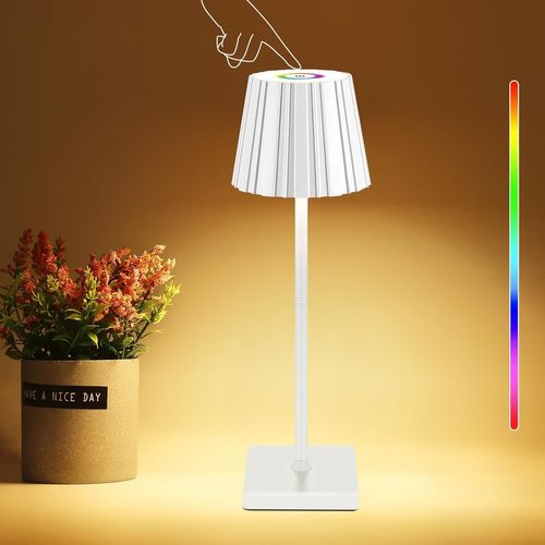 Kal-Lampe De Table Sans Fil  Led  Intensit Variable, Rechargeable, Couleur De Lumire Chaude 3000 K + Rvb, Lampe De Table D'extrieur En Aluminium, tanche Pour Restaurant, Chambre, Bar (Blanc)