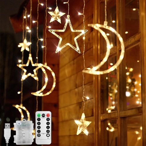 Kal-Led Guirlande Lumineuse - 3,5 M Rideau Lumineux toile Et Lune - 8 Modes Clignotants - Dcoration Pour Nol, Mariage, Fte, Maison, Terrasse, Ramadan, Pelous (B - Blanc Chaud)
