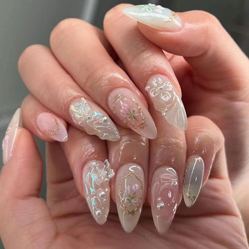 Kal-Lot De 24 Faux Ongles  Effet 3d, Faits  La Main, Avec Breloques, En Forme D'amande De Taille Moyenne, Jolis Ongles Au Style Manucure Franaise, Motifs Fleurs Et Papillon