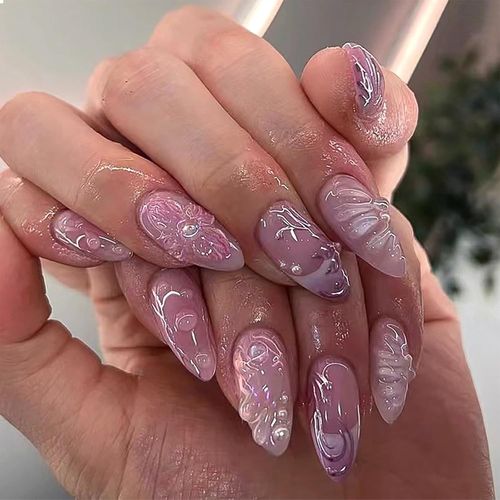 Kal-Lot De 24 Faux Ongles  Effet 3d, Faits  La Main, En Acrylique, Avec Breloques, Motifs De Fleurs Nacres Rose En Acrylique, Trs Mignons, En Forme D`Amande De Taille Moyenne