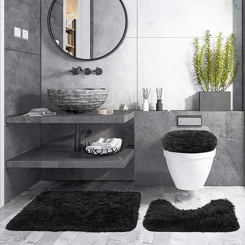 Kal-Lot De 3 Tapis Salle De Bain Doux Et Absorbants Antidrapants Tapis De Toilette Wc Contour Schage Rapide Lavable En Machine (Noir)