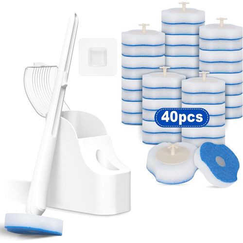 Kal-Lot De 40 Brosses De Toilette Jetables Et Supports : Baguette De Nettoyage De Toilettes Avec Ttes Jetables Et Panier De Rangement  Systme De Nettoyage Mural Pour Salle De Bain Petit Espace