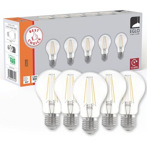 Kal-Lot De 5 Ampoules Led Filament E27, Lampe Edison Transparente, 7 Watts (quivalent  60 Watts), 806 Lumens, Ampoule Blanc Chaud, 2700 K, A60,  6 Cm