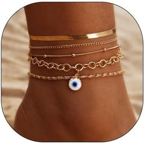 Kal-Lot De 5 Bracelets De Cheville Bohmes En Perles Dores Contre Le Mauvais ?il, Bijoux De Plage En Arte De Poisson, Chane De Pied Pour Femmes Et Filles, Plastique