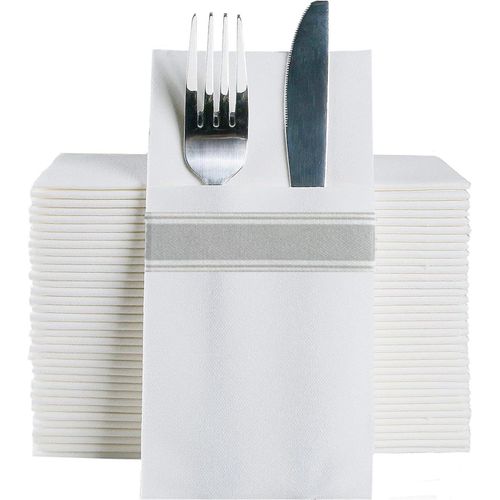 Kal-Lot De 50 Serviettes De Table Blanches Au Toucher Lin Avec Poche Intgre, 40,6 X 40,6 Cm