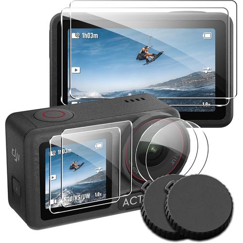 KAL-[Lot De 6 + 2 Films De Protection D'cran Pour Appareil Photo Dji Osmo Action 5 Pro + Couvercle D'Objectif En Silicone, Verre Tremp De Duret 9H, Anti-Rayures, Anti-Bulles, Verre Blind Hd