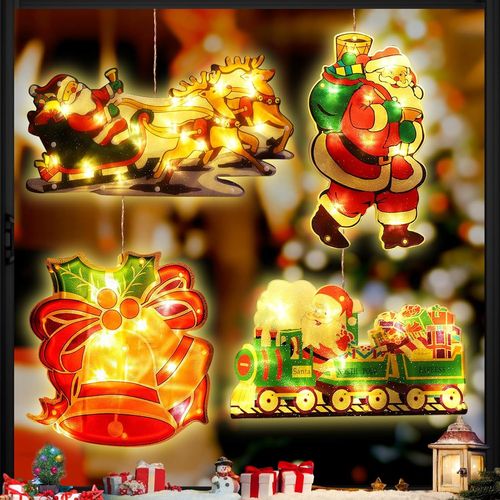 Kal-Lumires Led De Nol, 4 Pices Fentre Nol Lumire, Lustre Ventouse De Nol, Led Rideau Suspendus Lumire Avec Ventouse, Pendentif Ventous, Led De Nol  Suspendre Dcoration De Fentre