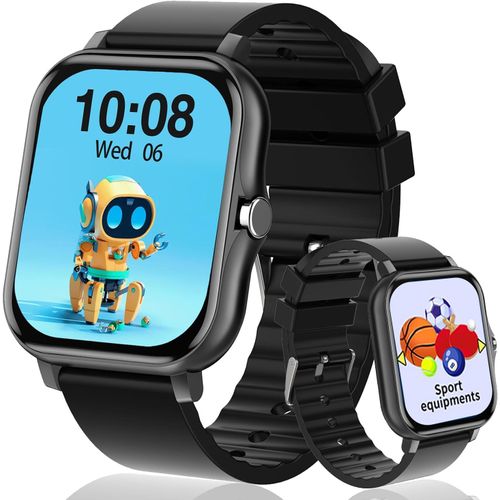 KAL-Montre Connecte Enfant Filles Garons Avec 1,57 Pouces Bricolage Visage Apprendre Cartes Musique Histoires De Chevet, Montre Enfant Anniversaire Cadeaux Jouets Pour Enfants 4 5 6 7 8+ (Black)
