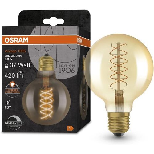 Kal-Osram Vintage 1906 Gold Tinted Led Lamp, 4.8w, 420lm, Globe Shape With 95mm Diameter & E27 Base, Warm White Light, Spiral Filament, Dimmable, Life Of Up To 15,000 Hours