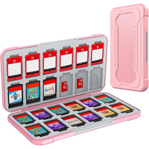 Kal-Rangement Jeux Switch Pour Nintendo Switch 2/Lite/Oled,Support De Stockage De Mmoire En Design En Fibre De Carbone Rose Avec 24 Fentes Carte Jeu Et 24 Fentes Carte Micro Sd