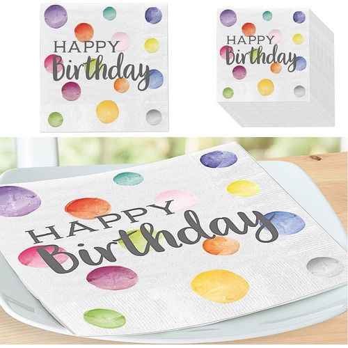 Kal-Serviettes De Table Avec Motif - 3 Couches - 33 X 33 Cm - Aspect Tissu - Accessoire De Fte (Lot De 60 Serviettes  Happy Birthday  Blanc)