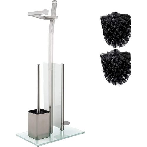 Kal-Set Wc Toilettes Avec Porte-Rouleau Et Brosse - Chrome Mat - Porte-Papier Toilette En Acier Inoxydable Bross - Base En Verre 32x20x70cm -Plus: 1+2 Ttes De Brosse De Toilette De Rechange!
