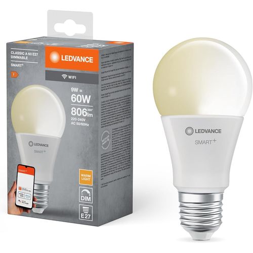 Kal-Smart+ Wifi Led Lamp, White Frosted Look, 9w, 806lm, Bulb Shape With E27 Base, Warm White Light At 2700k, Dimmable, App Or Voice Control, Life Of Up To 20,000 Hours