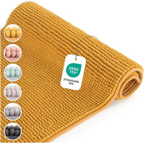 Kal-- Tapis De Bain Certifi Oeko-Tex - Tapis De Bain Antidrapant Et Absorbant - Carpette De Douche Chenille Moelleuse - Carpette De Douche Douce Et Facilement Lavable - 50x80 Cm - Jaune Moutarde