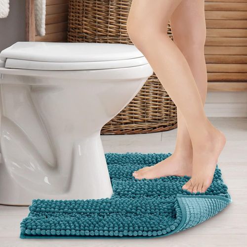 Kal-Tapis De Bain Douche Pour Wc Toilette Antidrapant Tapis Contour De Wc Absorbant Lavable En Machine Microfibre Chenille Doux Forme En U - 51x51cm (Bleu)
