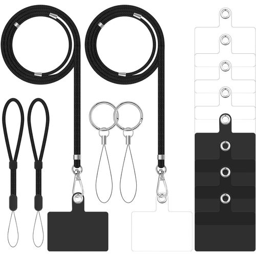 Kal-Tour De Cou Telephone Universelle Cordon Telephone Portable Collier De Longe Avec 8 Patchs De Sangle De Tlphone 2 Lanires De Dragonne  Main En Nylon 2 Porte-Cls Pour Les Smartphones,Noir+N