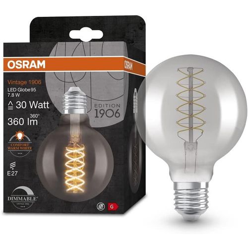 Kal-Vintage 1906 Smoke Tinted Led Lamp, 7.8w, 360lm, Globe Shape With 95mm Diameter & E27 Base, Warm White Light, Spiral Filament, Dimmable, Life Of Up To 15,000 Hours