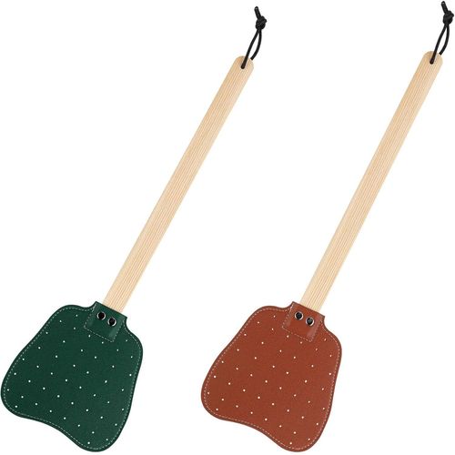 Kalanka-2pcs Tapettes Mouche Cuir, Longue Poigne Bois Tapette Mouches Manuelle Avec Corde Suspension Tapette Mouches Cuir Pratique Robuste L'intrieur Mouches Moustiques Abeilles(Marron, Vert Fonc)
