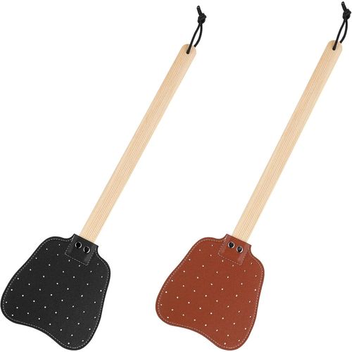 Kalanka-2pcs Tapettes Mouche Cuir, Longue Poigne Bois Tapette Mouches Manuelle Avec Corde Suspension Tapette Mouches Cuir Pratique Robuste L'intrieur Mouches Moustiques Abeilles(Noir, Marron)