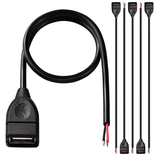 KALANKA-5Pcs Bare USB 2.0 USB-A Female Cable 2 Pin Bare Wire Open End USB 2.0 Cables 30cm 5V 3A 22AWG 2 Cores USB 2.0 Cable to Bare Cable Open End Cable Ends