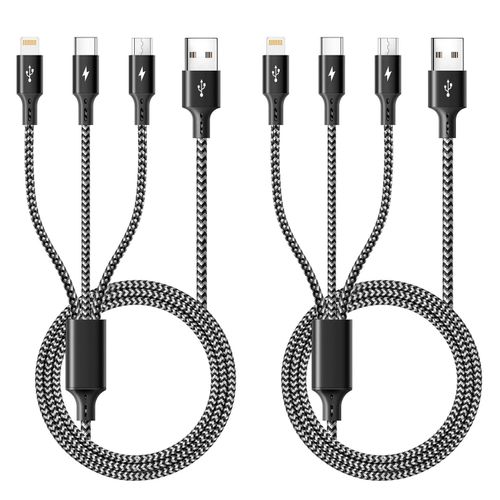 KALANKA-Cable de Charge Multiple, [2Pack,1.2M] 3 en 1 Cable Multi USB, Multi Chargeur USB Cable en Nylon Tress avec iP/Type C/Micro USB pour Phone 16 15 14 13/Android Samsung/Huawei/PS/Kindle/LG