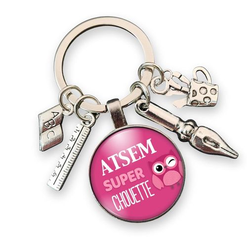 Kalanka-Cadeau Atsem cole - Cadeau De Fin D'anne Scolaire - Porte Cls Cabochon Breloques  Atsem Super Chouette  - Enseignante - Institutrice - Professeur - Remerciement - Fait Main - Cration