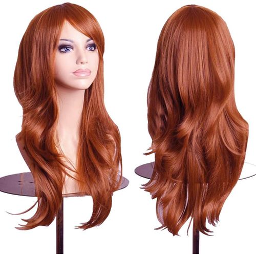 Kalanka-Colorful Panda 70 Cm - Perruque De Cosplay Longue Ondule Pour Femme - Cheveux Pleins Avec Frange - Perruque Synthtique Longue Boucle Pour Fille - Costume D'halloween - Rouge Cuivr